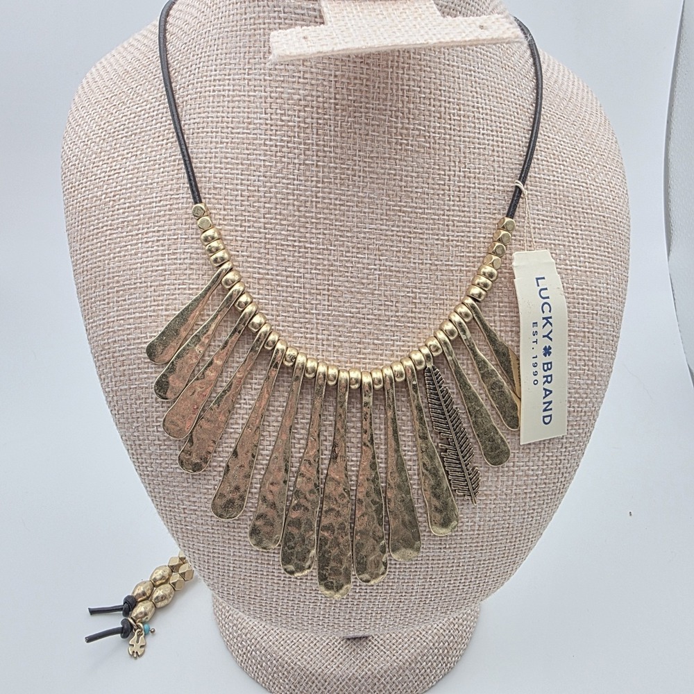 New! LUCKY BRAND Necklace Statement Feather Gold Tone Paddles‎ Leather Cord 30"